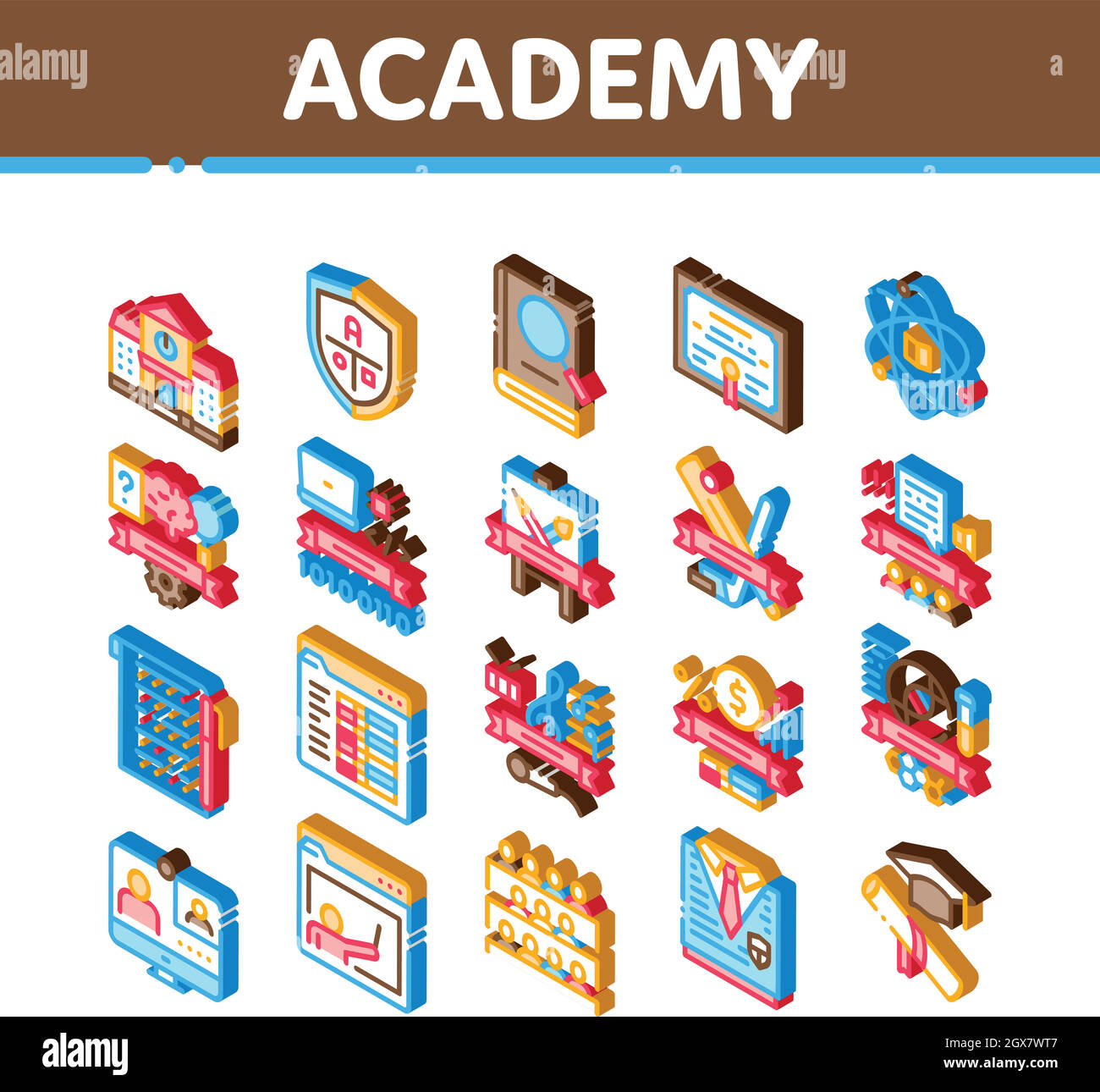 Vettore impostato icone isometriche didattiche Academy Illustrazione Vettoriale