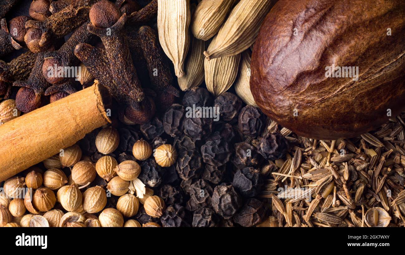varie spezie utilizzate per la cucina, semplici ingredienti di garam masala indiani, comune miscela di spezie nelle cucine sud-asiatiche, macro Foto Stock