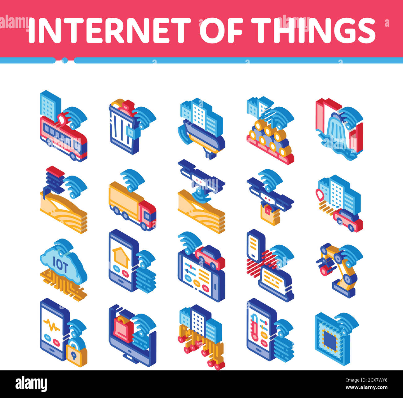 Internet delle cose icone isometriche Imposta vettore Illustrazione Vettoriale