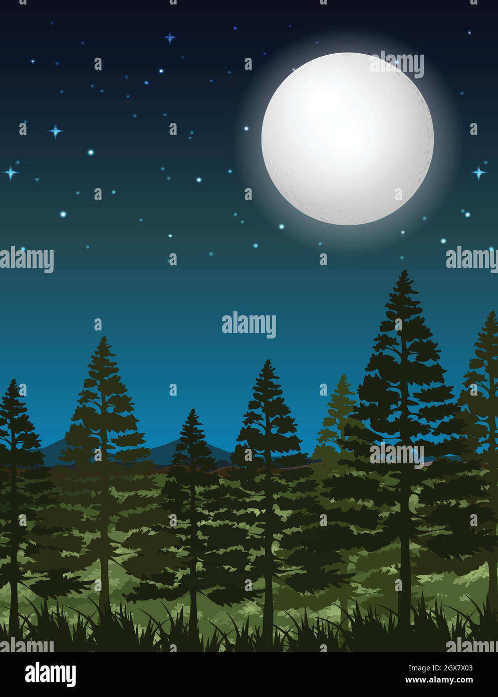 Notte oscura foresta scena Illustrazione Vettoriale