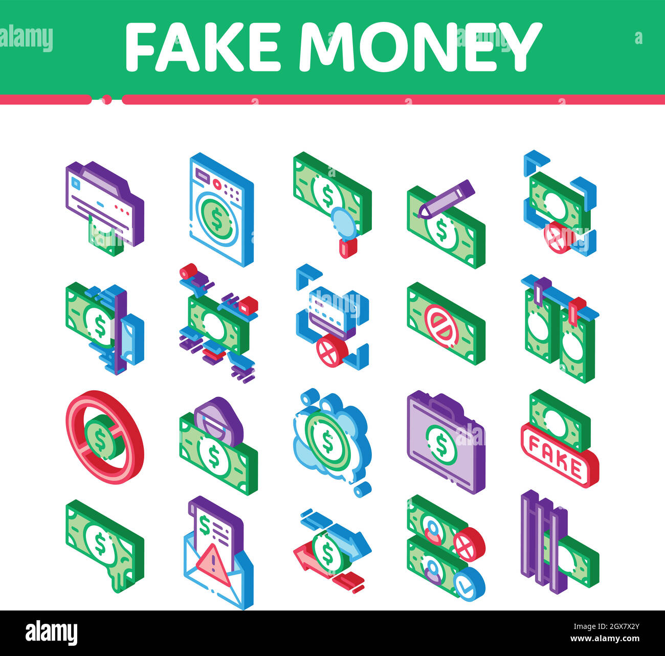 Falsi Money Isometrica icone Imposta vettore Illustrazione Vettoriale