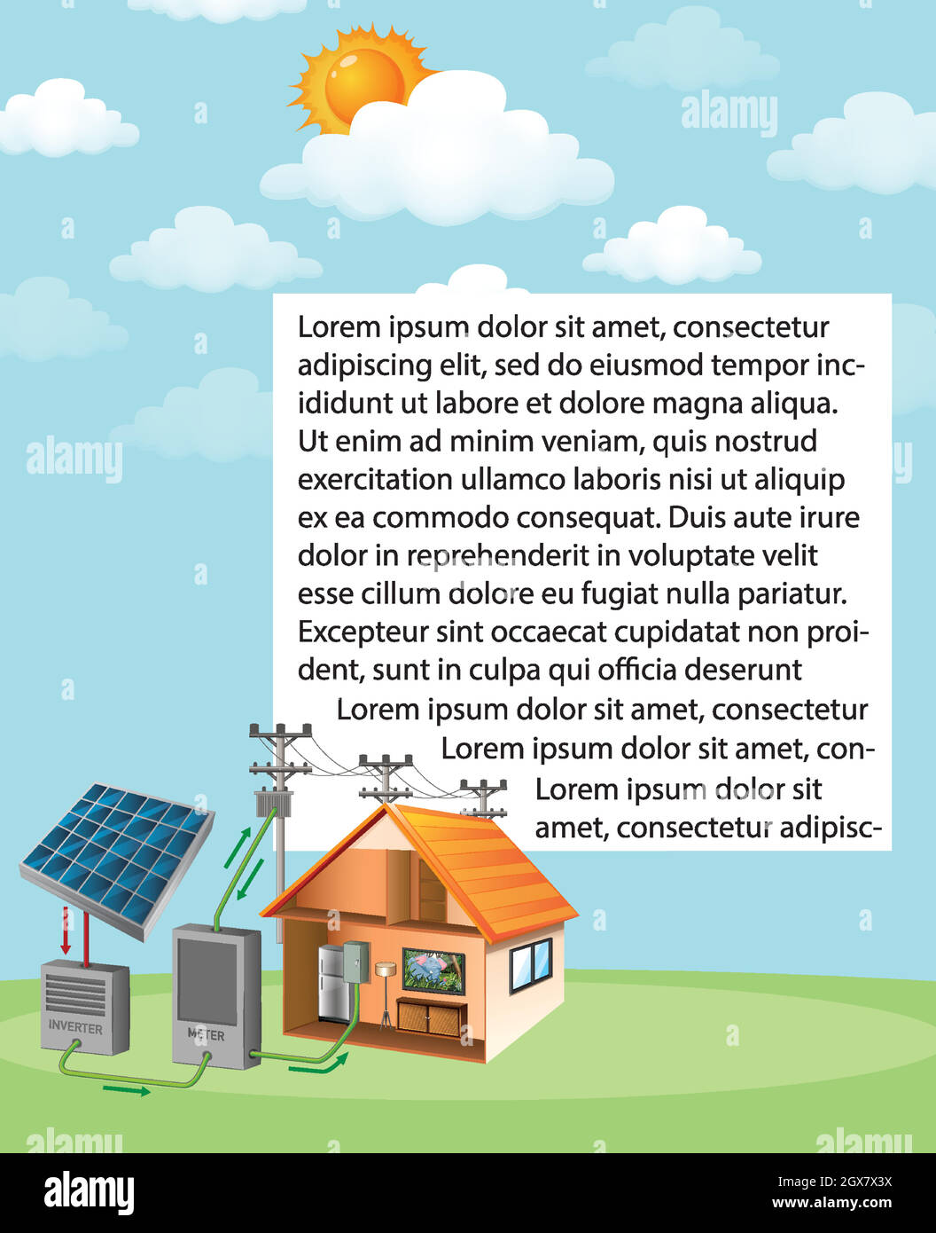 Diagramma che mostra come la cella solare funziona a casa Illustrazione Vettoriale