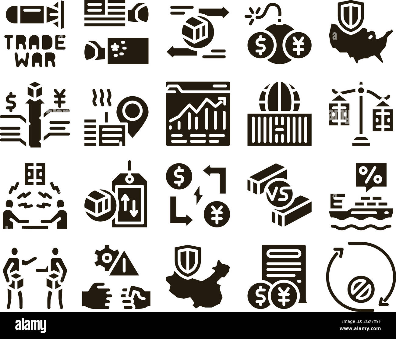 Trade War Business Glyph Set Vector Illustrazione Vettoriale