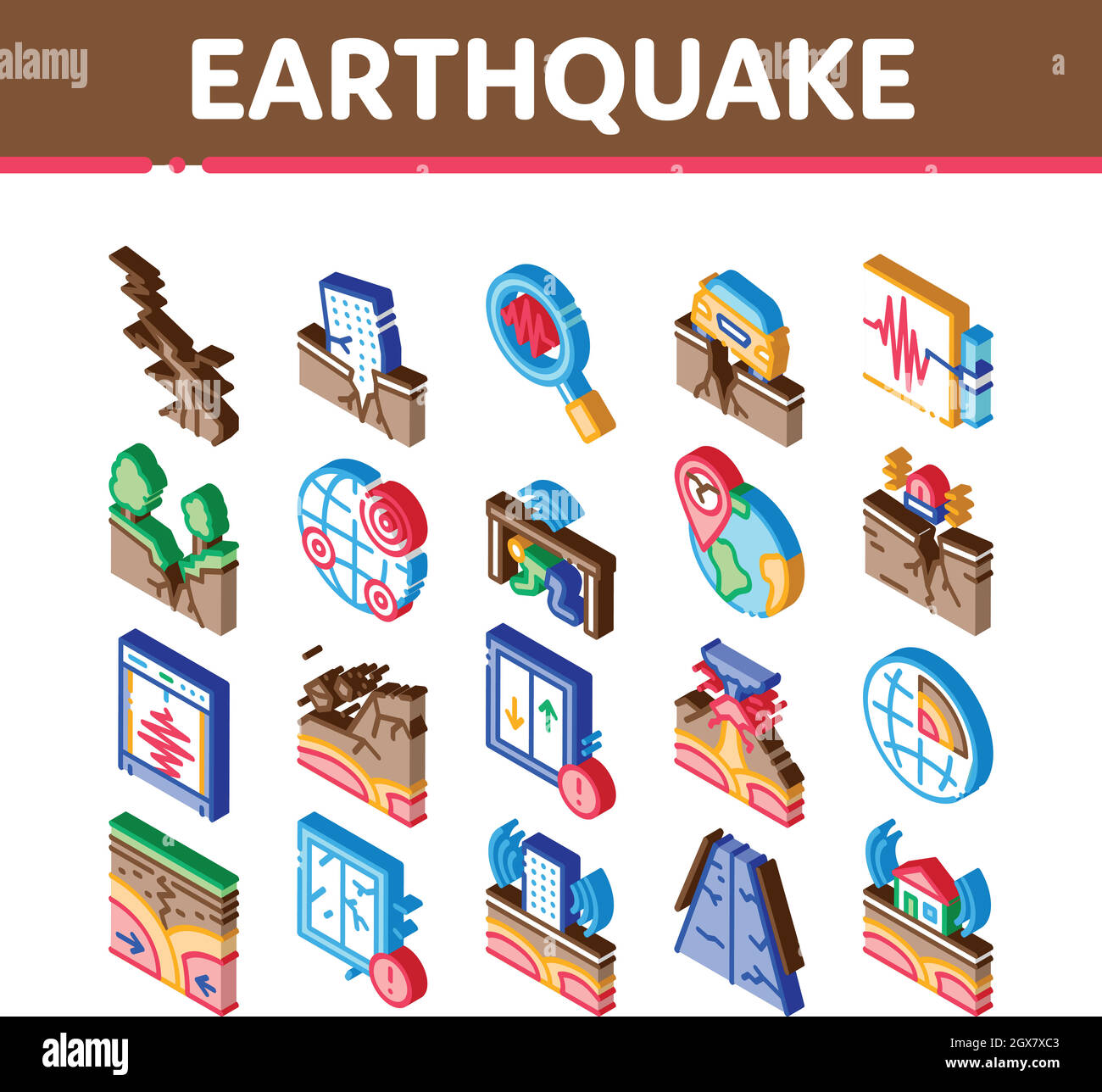 Icone isometriche di terremoto Disaster Imposta vettore Illustrazione Vettoriale
