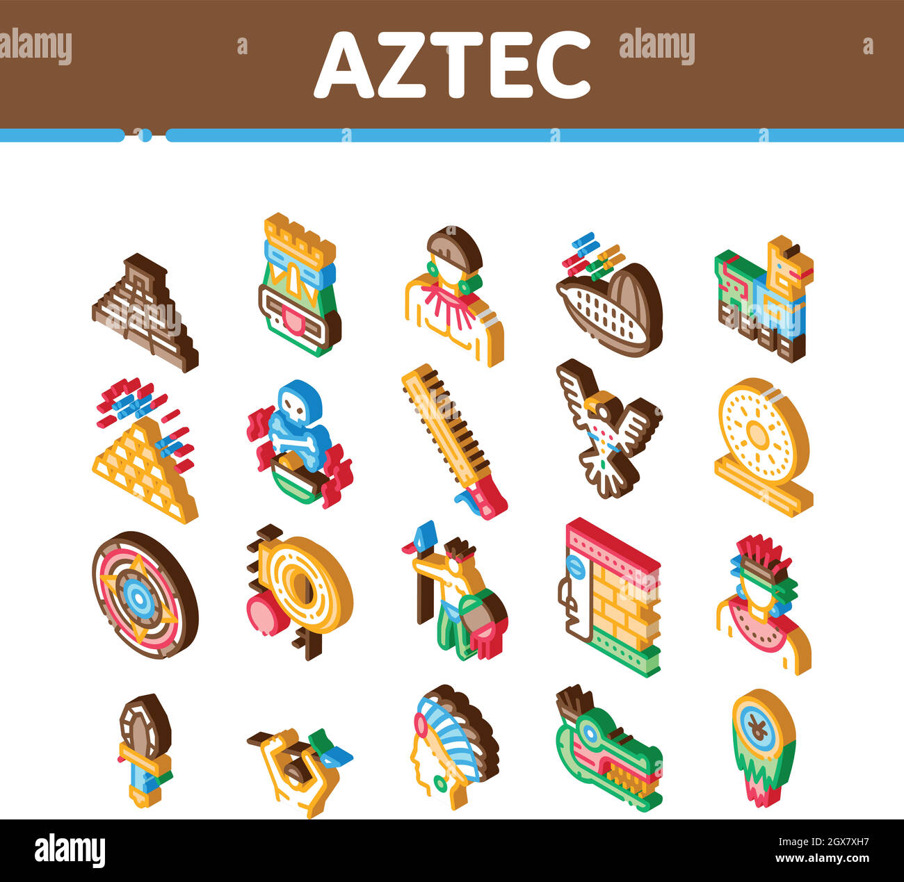 Aztec Civilization Isometrica icone Imposta vettore Illustrazione Vettoriale