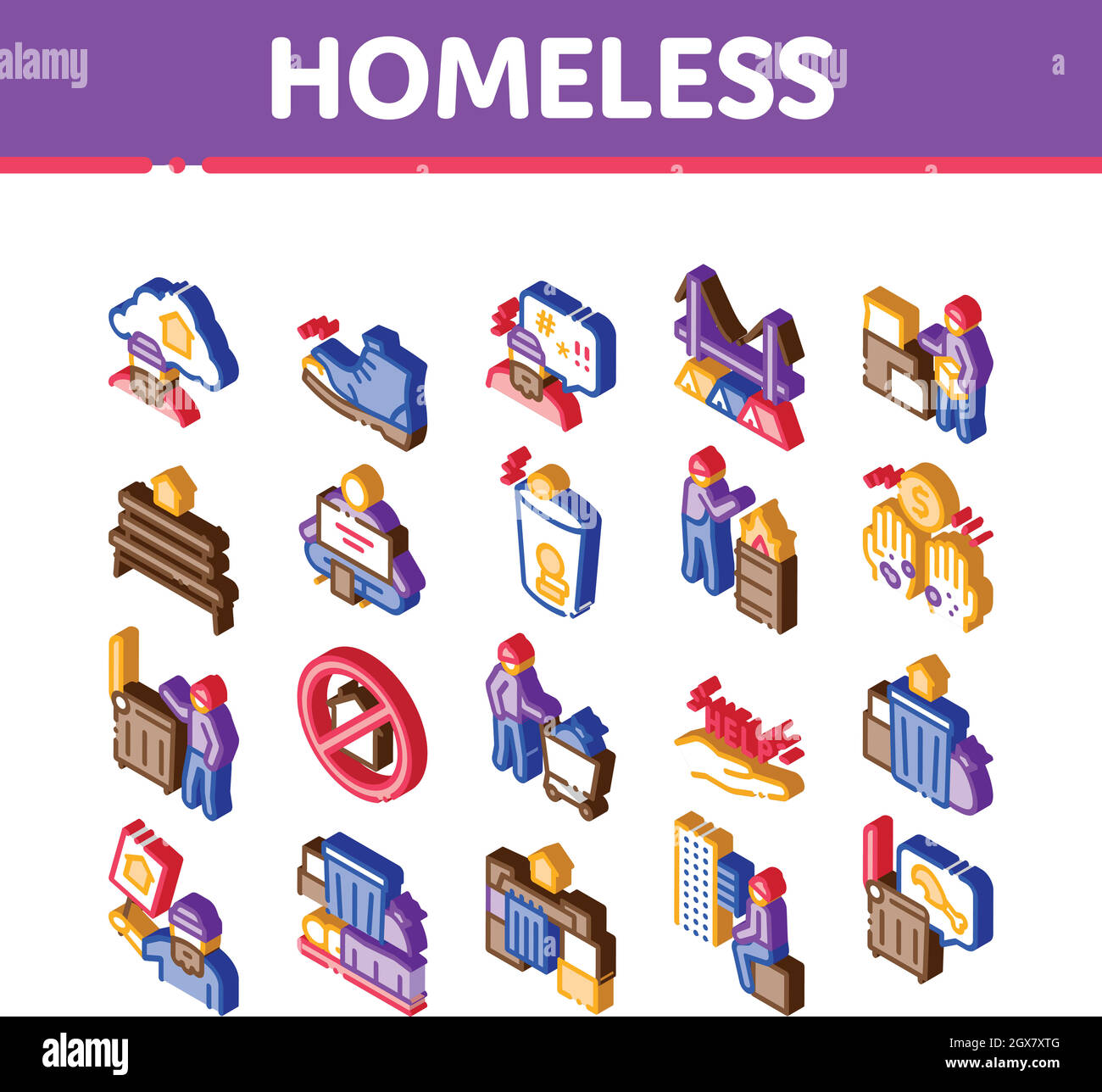 Senza tetto Beggar persone icone isometriche Imposta vettore Illustrazione Vettoriale