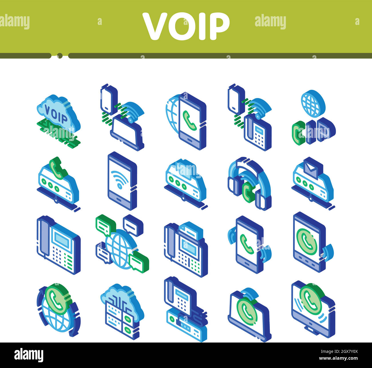 VoIP Calling System Isometrica Icons Set Vector Illustrazione Vettoriale
