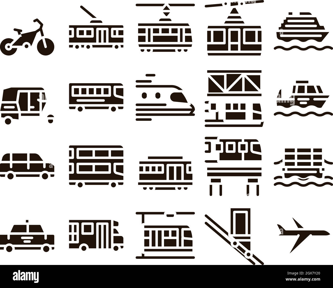 Set di icone della linea vettoriale per il trasporto pubblico Illustrazione Vettoriale