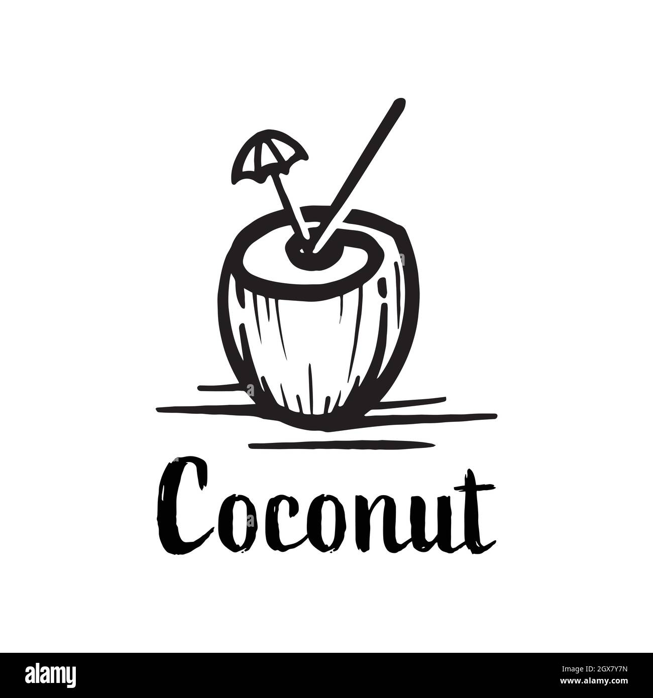 logo della bevanda al cocco silhouette. cocktail al cocco simbolo della bevanda naturale disegnata a mano Illustrazione Vettoriale