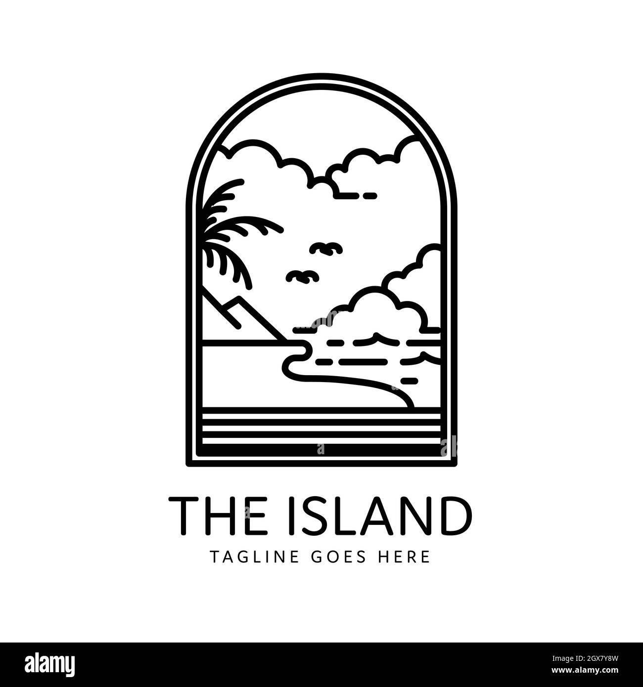 design in stile monolino con badge dell'isola tropicale d'estate Illustrazione Vettoriale