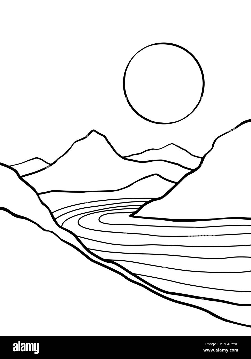 Fiume di montagna e arte della linea del sole su sfondo bianco Illustrazione Vettoriale