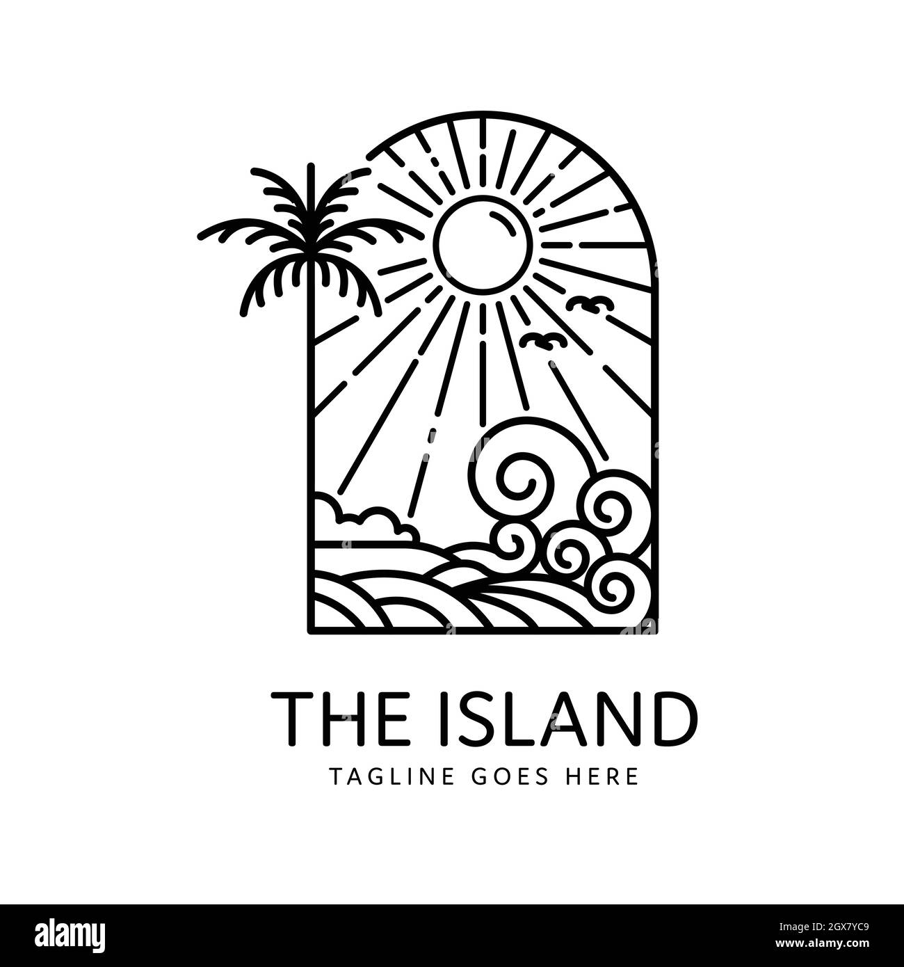 estate tropicale isola palme e onde monoline design Illustrazione Vettoriale