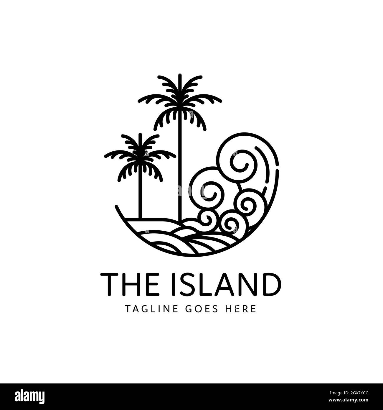 spiaggia tropicale onde di mare con due palme di design di stile monolino Illustrazione Vettoriale