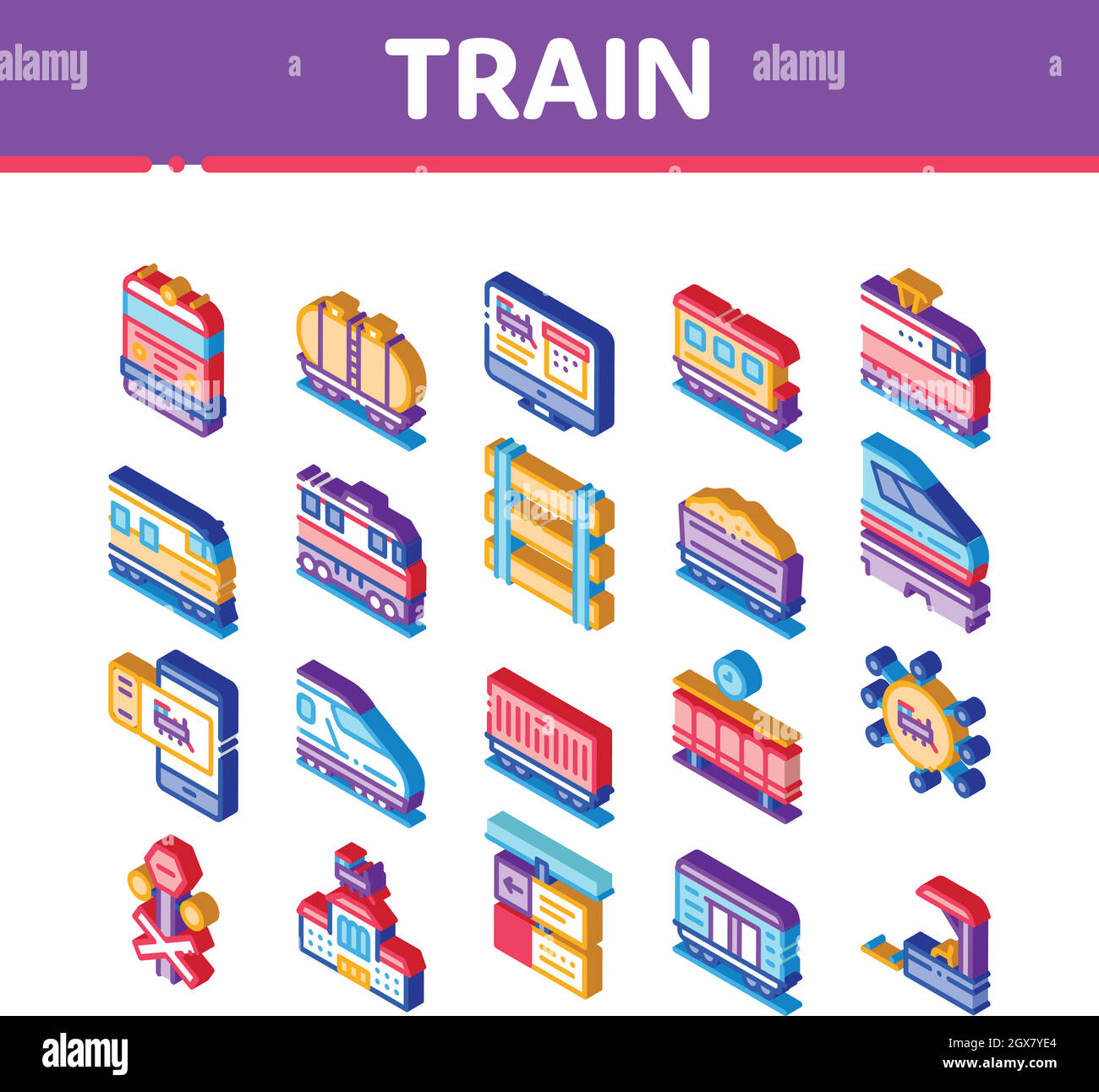 Vettore set icone isometriche trasporto ferroviario Illustrazione Vettoriale