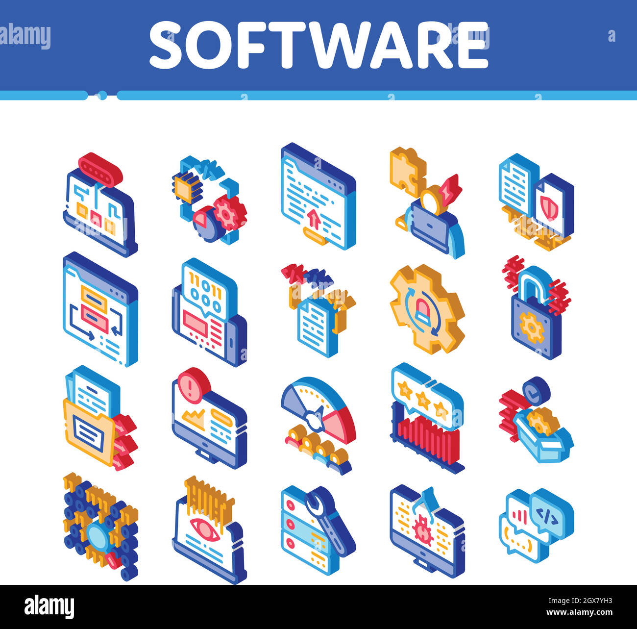 Icone di analisi e test del software Imposta vettore Illustrazione Vettoriale