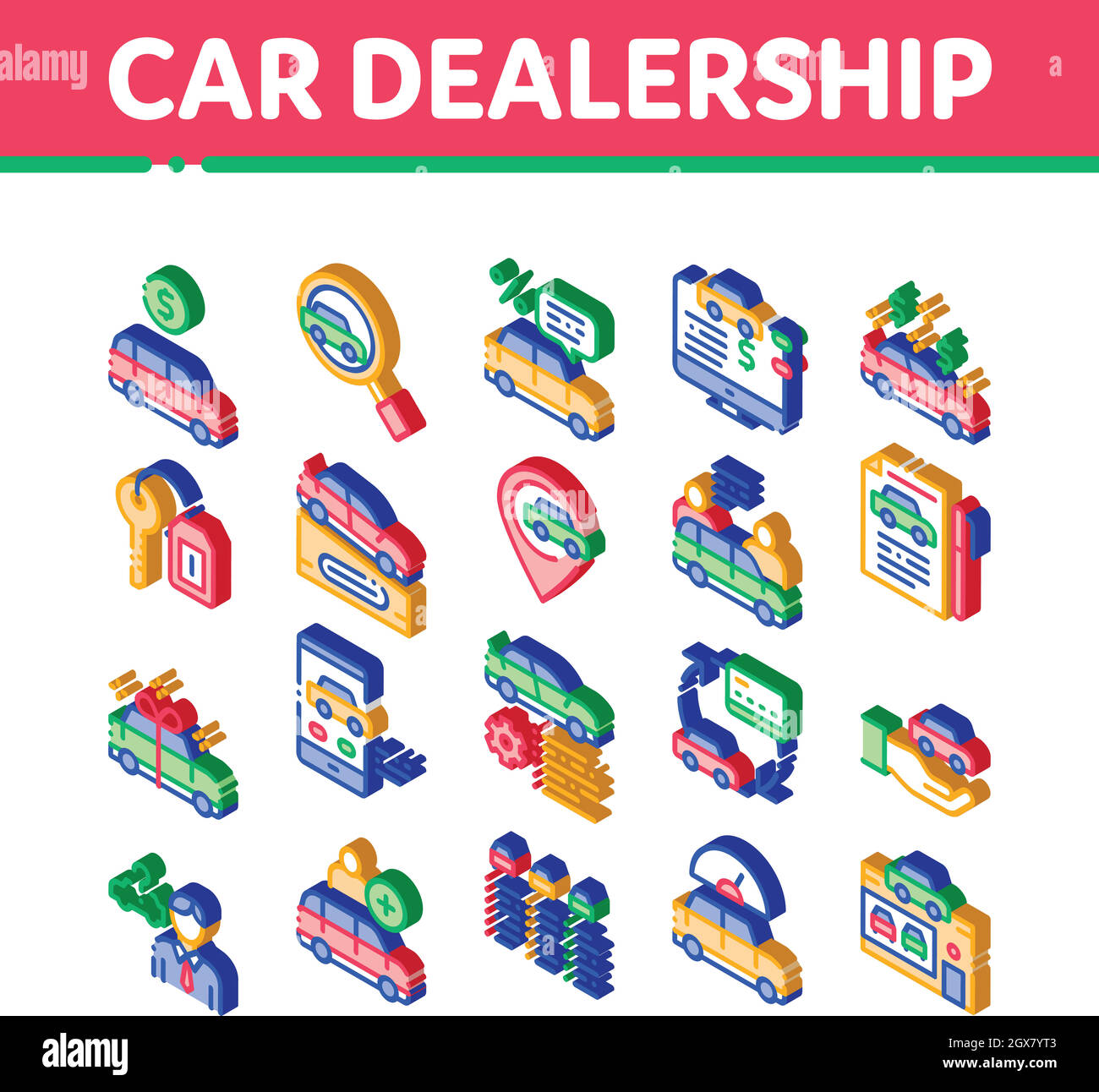 Negozio di concessionari auto icone isometriche Set Vector Illustrazione Vettoriale