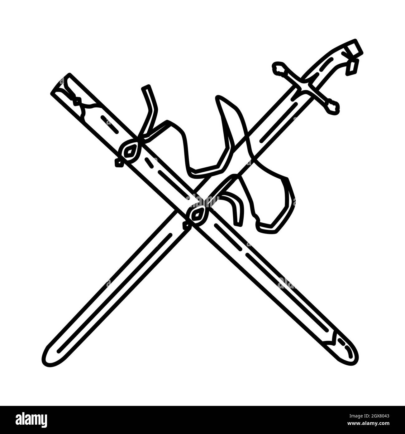 Spada storica di hazrat Usman ibn Affan parte di oggetti storici musulmani icona disegnata a mano set Vector. Illustrazione Vettoriale