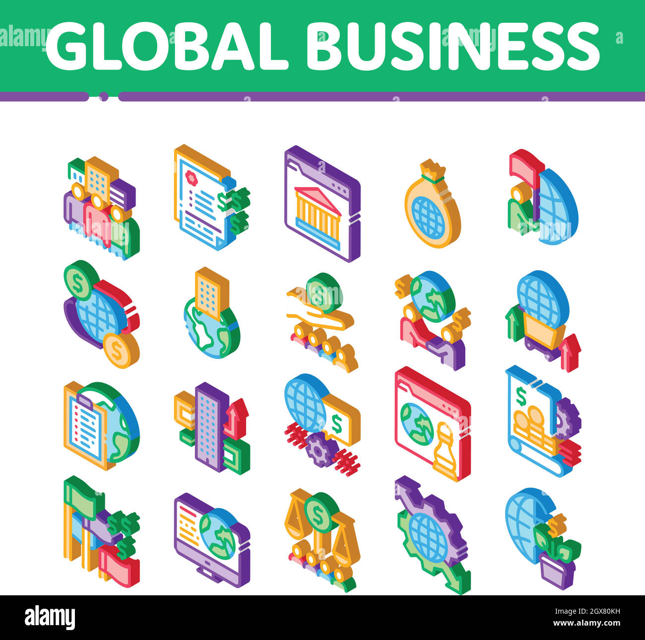 Global Business Finance Strategy Isometric Icons Set Vector Illustrazione Vettoriale