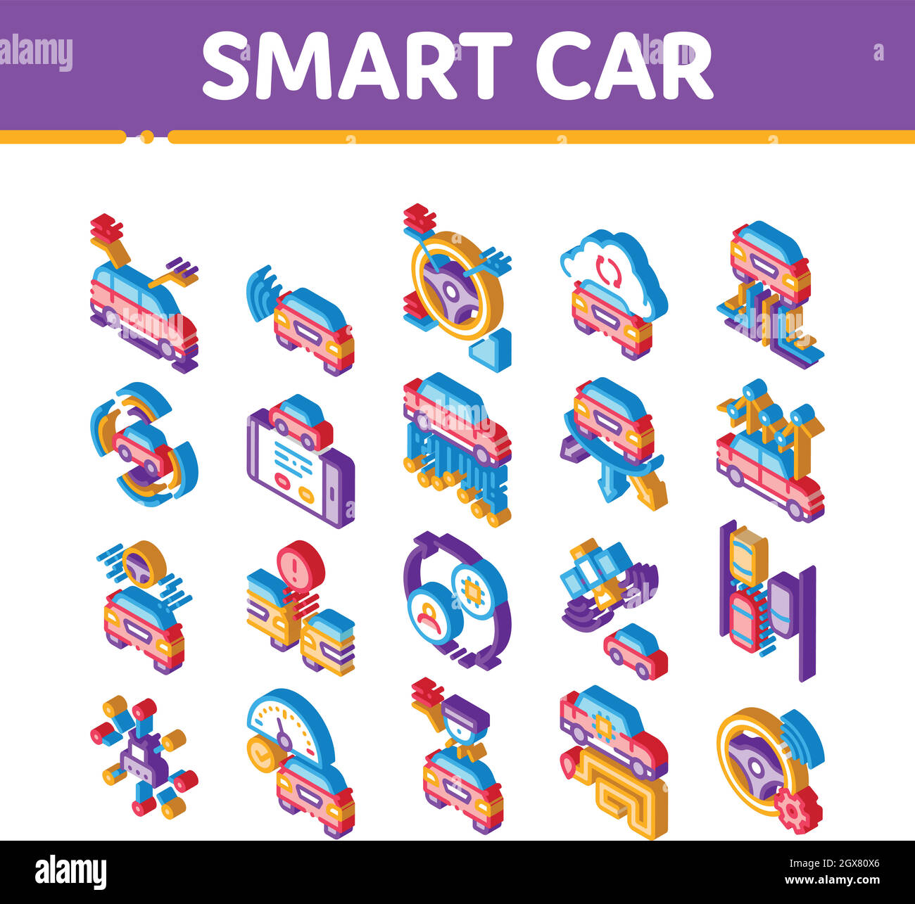 Smart Car Technology Isometrica icone Imposta vettore Illustrazione Vettoriale
