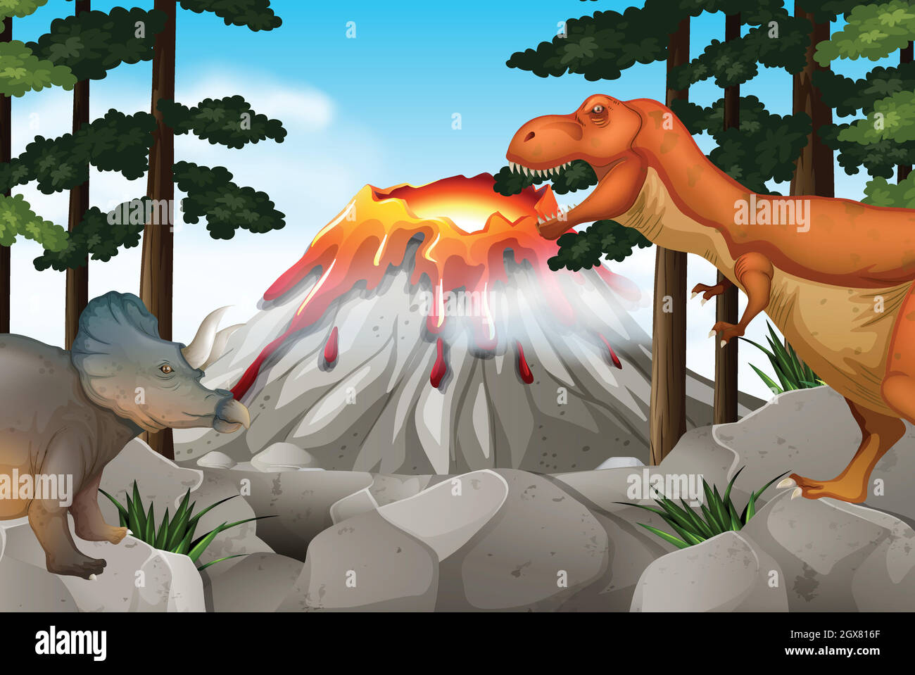 Scena con dinosauri e vulcano Illustrazione Vettoriale