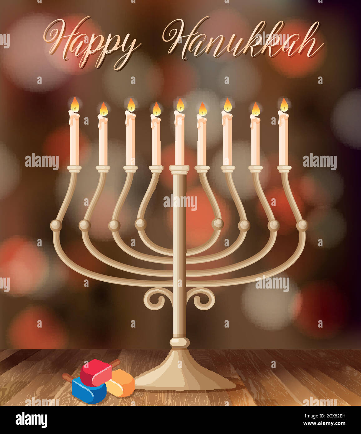 Happy modello carta Hanukkah con portacandele con luci Illustrazione Vettoriale