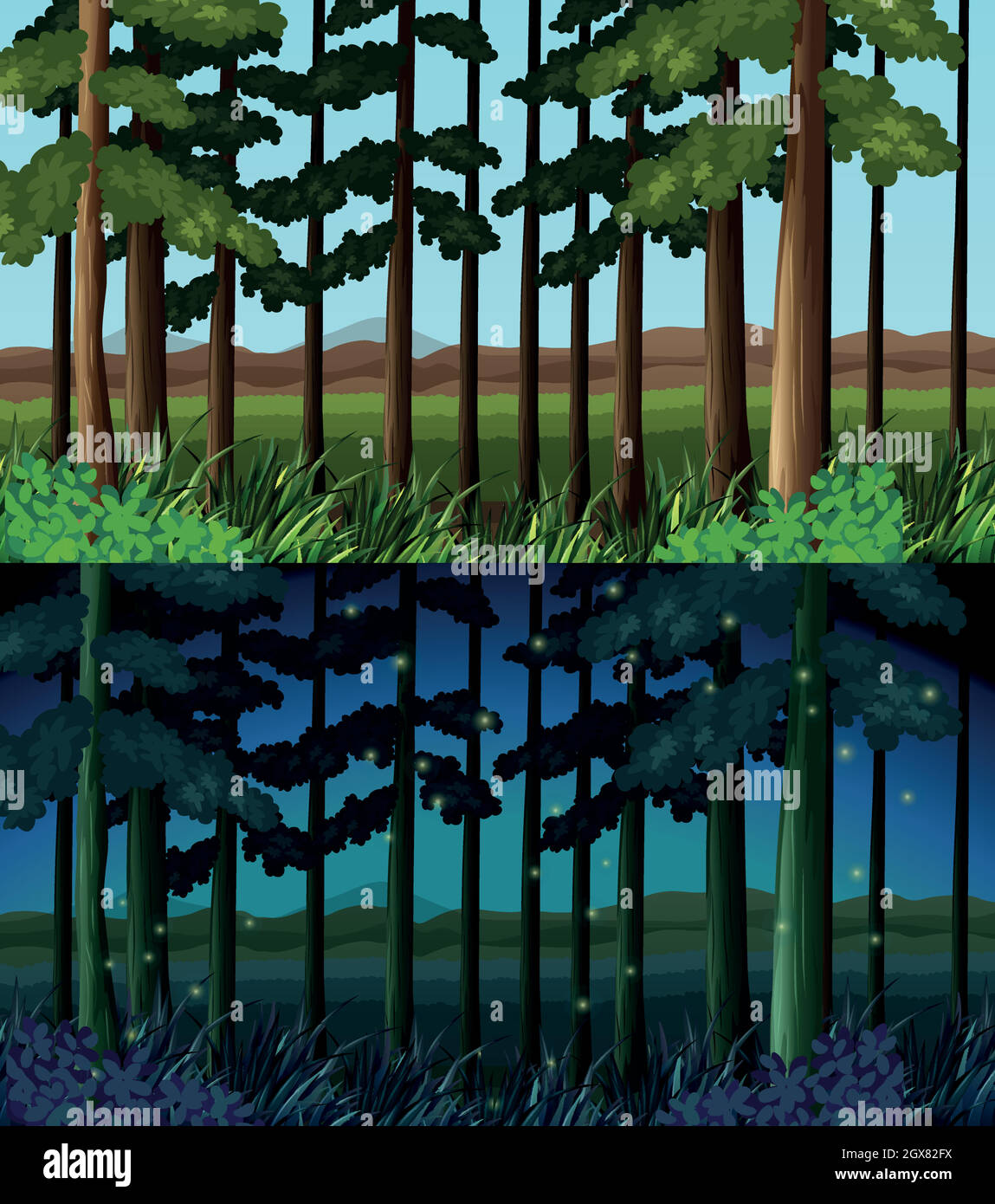 Foresta scena di giorno e di notte Illustrazione Vettoriale