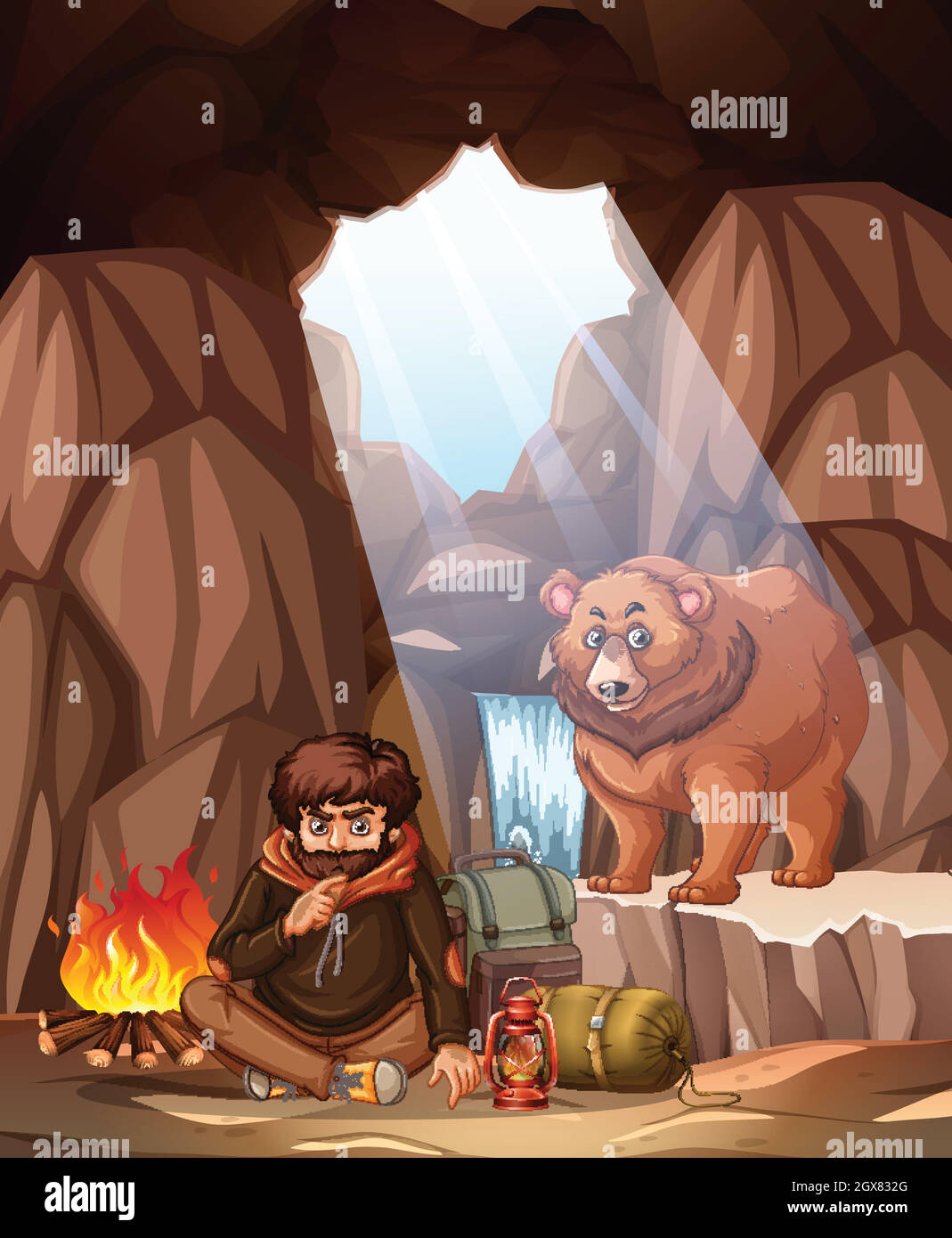 Un uomo che si accampa nella caverna dell'orso Illustrazione Vettoriale