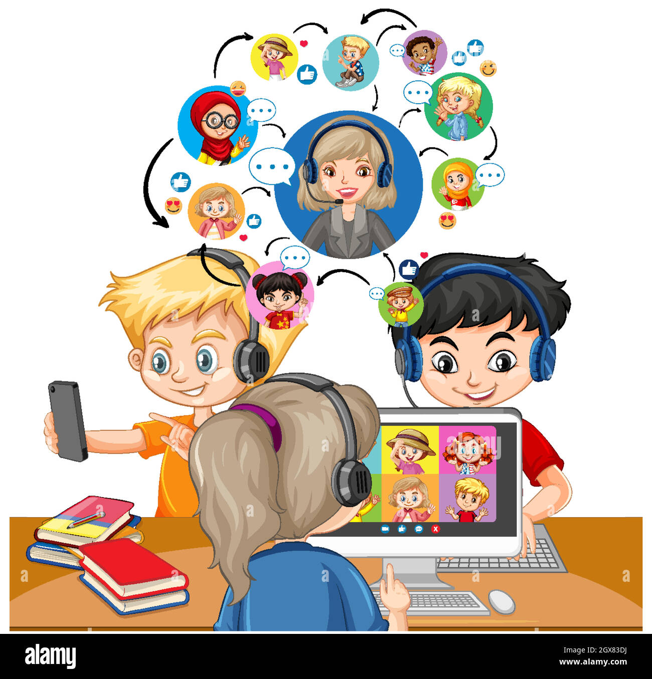 I bambini usano il laptop per comunicare la videoconferenza con l'insegnante e gli amici su sfondo bianco Illustrazione Vettoriale