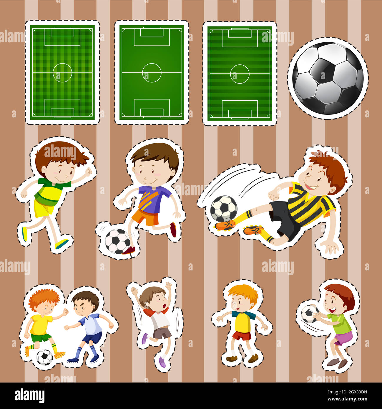 Sticker design per giocatori di calcio e campi Illustrazione Vettoriale