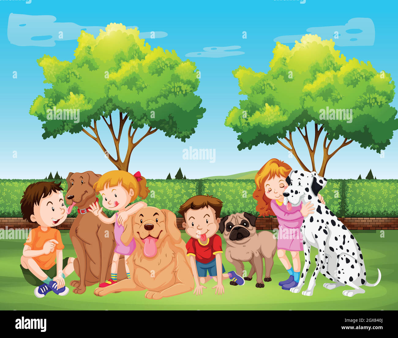 Bambini e cani nel parco Illustrazione Vettoriale