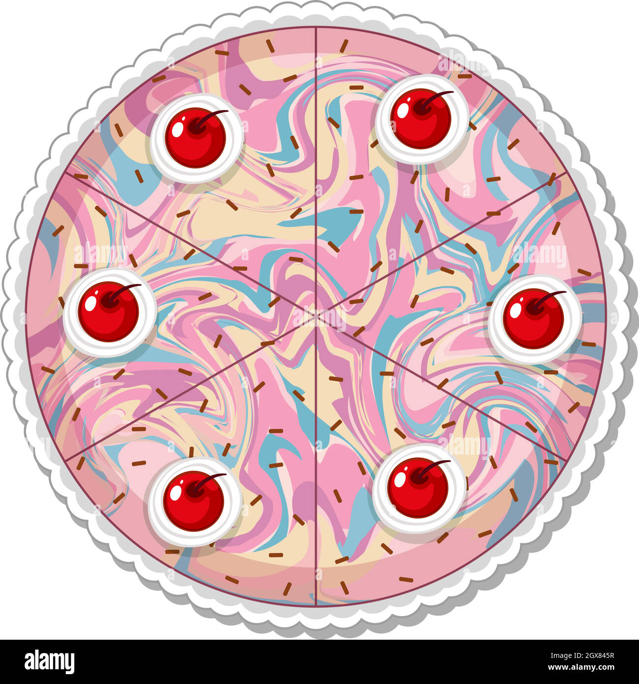 Vista dall'alto di una deliziosa torta con condimenti alle ciliegie Illustrazione Vettoriale