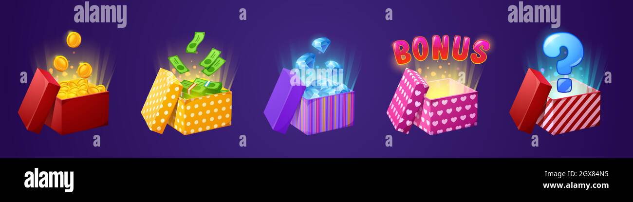 Scatola regalo con bonus, monete e fatture, diamanti e mistero presenti con segno di domanda. oggetti 3d in carta da imballaggio colorata e archi. Gioco, pareggio, premio casinò isolato Cartoon vettore icone set Illustrazione Vettoriale