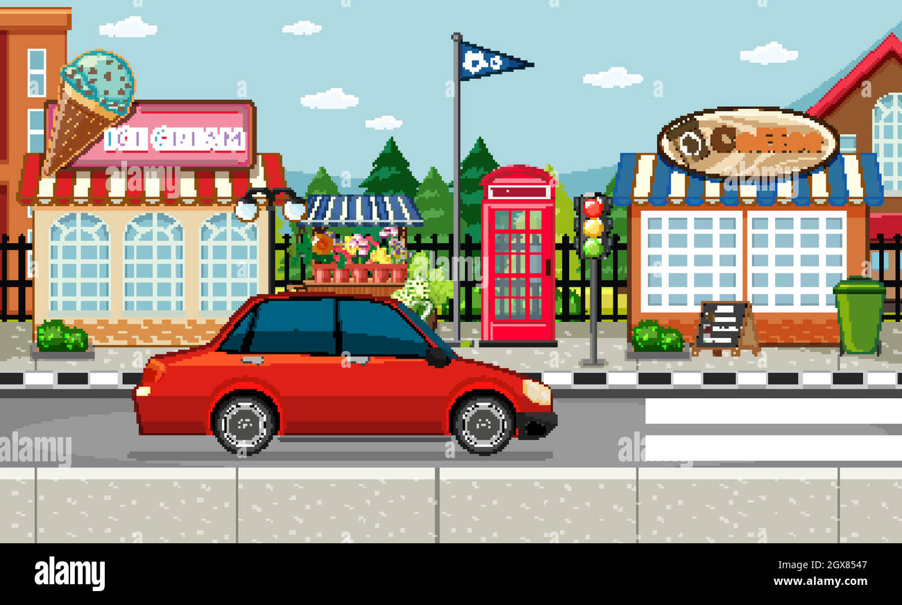 Street Side scena con gelateria e caffetteria e auto rossa sulla scena stradale Illustrazione Vettoriale