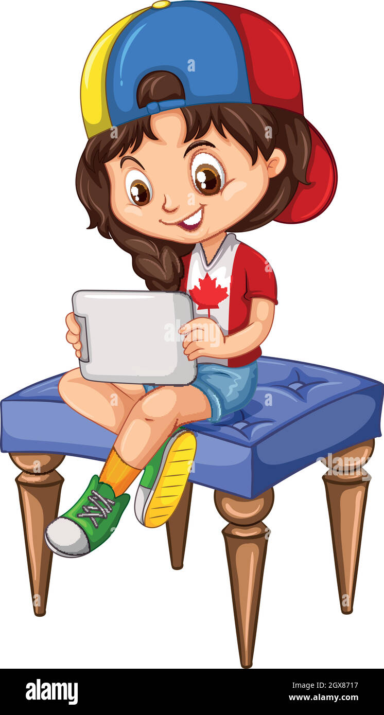 Bambina che usa un tablet su una sedia Illustrazione Vettoriale