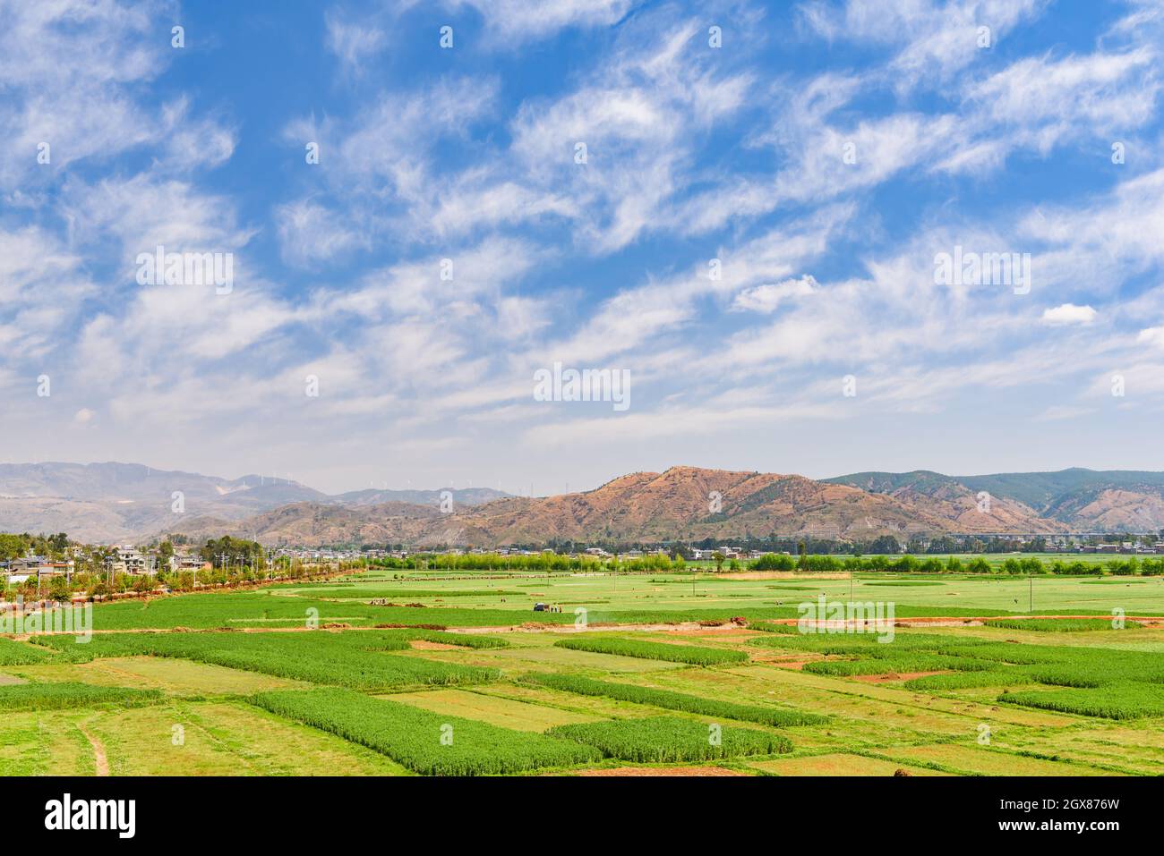 Vista del paesaggio rurale con campi agricoli in Dali, Yunnan in Cina. Foto Stock