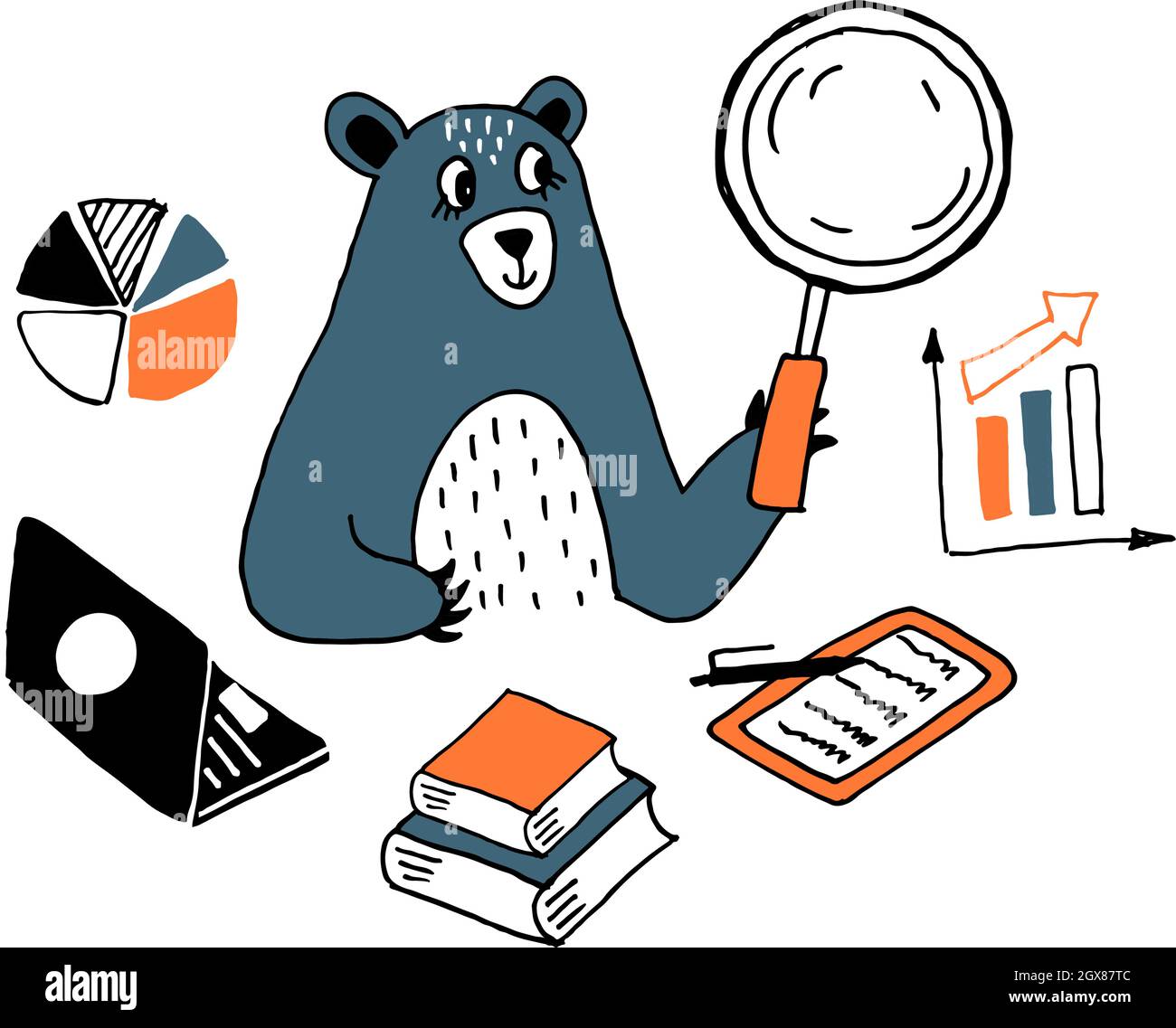 Illustrazione di un imprenditore di ricerca. Denaro, finanza ricerca. Bear analisi cifre. Illustrazione vettoriale disegnata a mano con stile a forma di barbatella. Badge, tag per Illustrazione Vettoriale