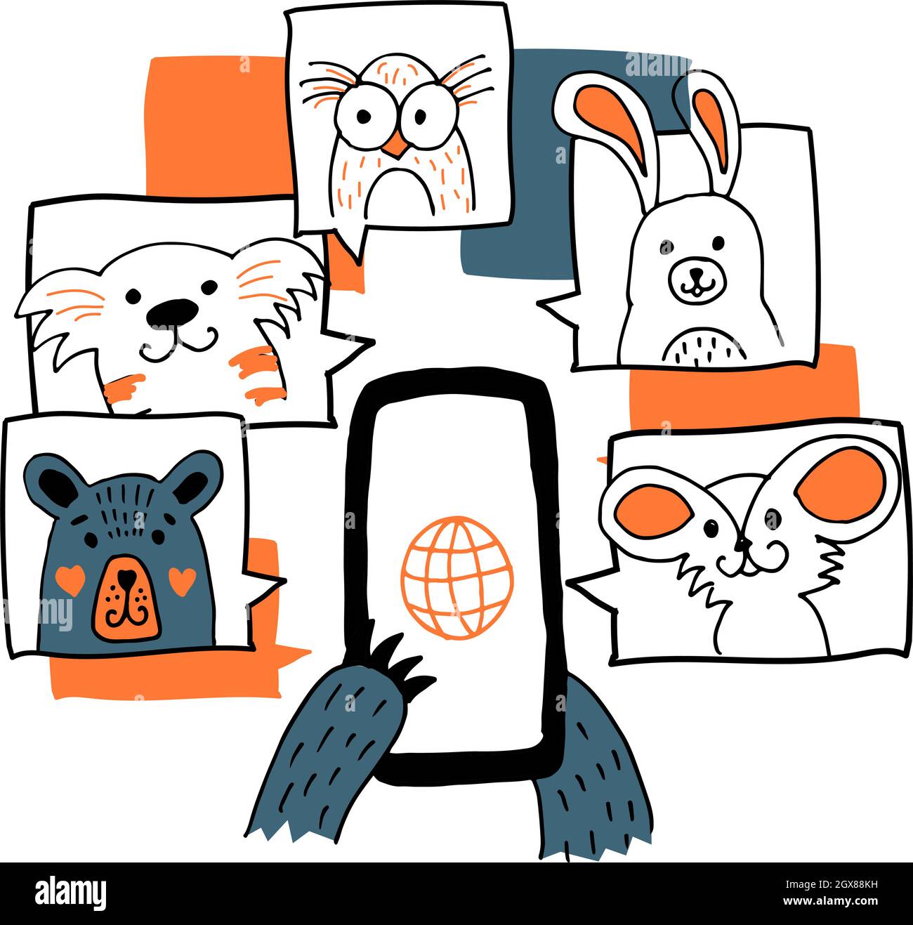 Concetto di illustrazione di videoconferenza, riunione in linea, modulo di lavoro casa. Bear che chiama online. Stile a forma di barattone vettoriale disegnato a mano. Badge, etichetta per abiti Illustrazione Vettoriale