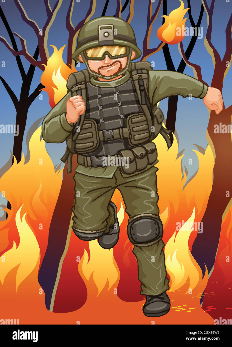 Soldato che si allontana dal fuoco selvaggio Illustrazione Vettoriale