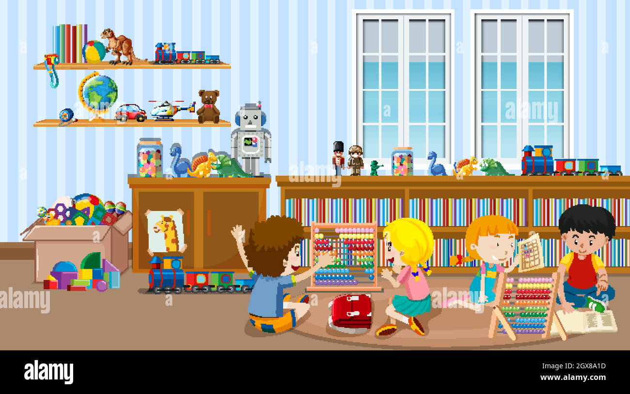 Scena con molti bambini in classe Illustrazione Vettoriale