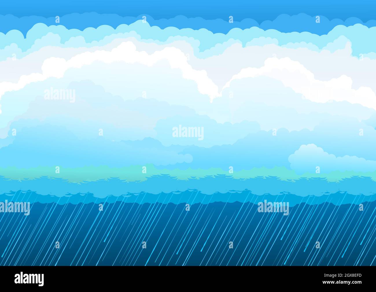 Versare la pioggia. Cielo nuvole sfondo. Illustrazione in stile cartoon design piatto. Atmosfera celeste. Vettore Illustrazione Vettoriale