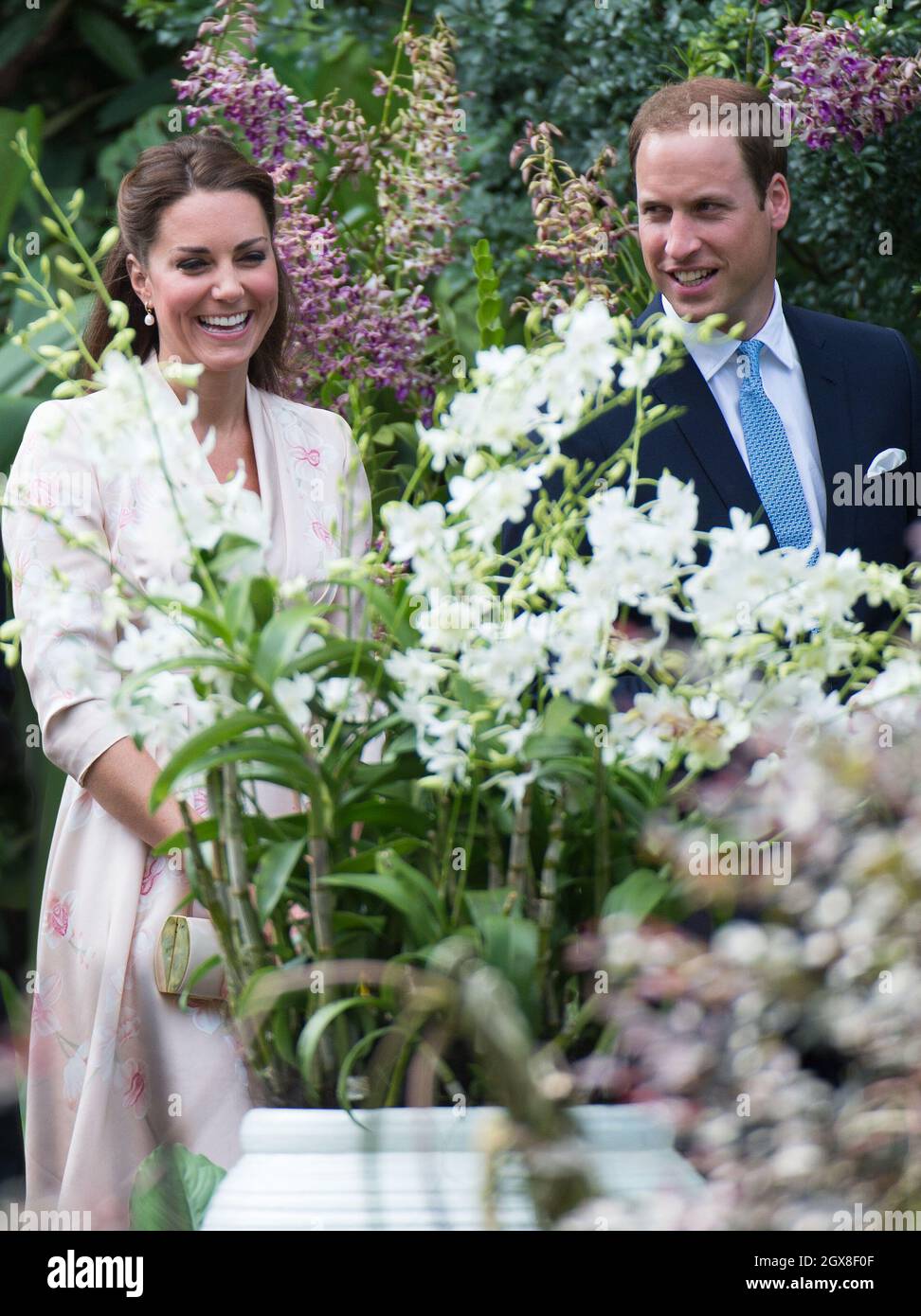 Caterina, Duchessa di Cambridge e il Principe William Duke di Cambridge guardano un'orchidea chiamata in onore di Diana, Principessa del Galles durante una visita ai Giardini Botanici di Singapore il primo giorno del loro Tour del Giubileo dei Diamanti dell'Estremo Oriente il 11 settembre 2012. Foto Stock