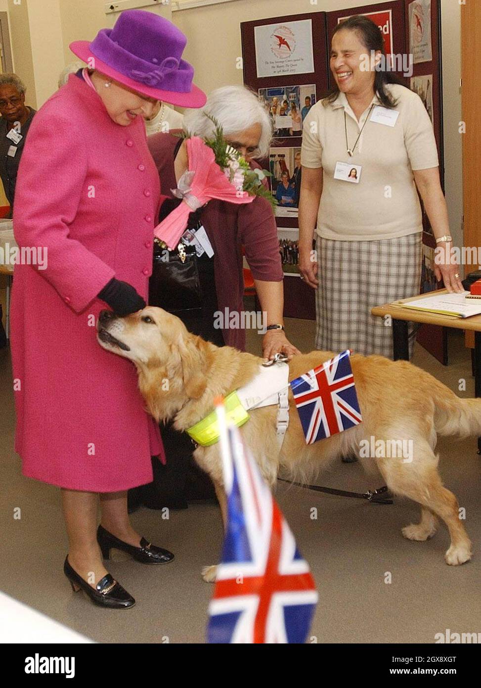 La regina incontra Lenny il cane guida e il proprietario Jenny Revell al North Hertfordshire College di Stevenage, dove la regina ha fatto un giro in un nuovo cyber cafe durante una giornata di visite all'Hertfordshire. Lunghezza intera, royals, cane, union jack, cappello, Fiori, guanti Â Anwar Hussein/allaction.co.uk Foto Stock