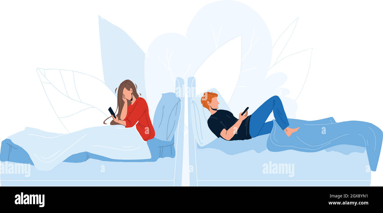 Persone che si trovano a letto e utilizzano il vettore di telefonia mobile Illustrazione Vettoriale