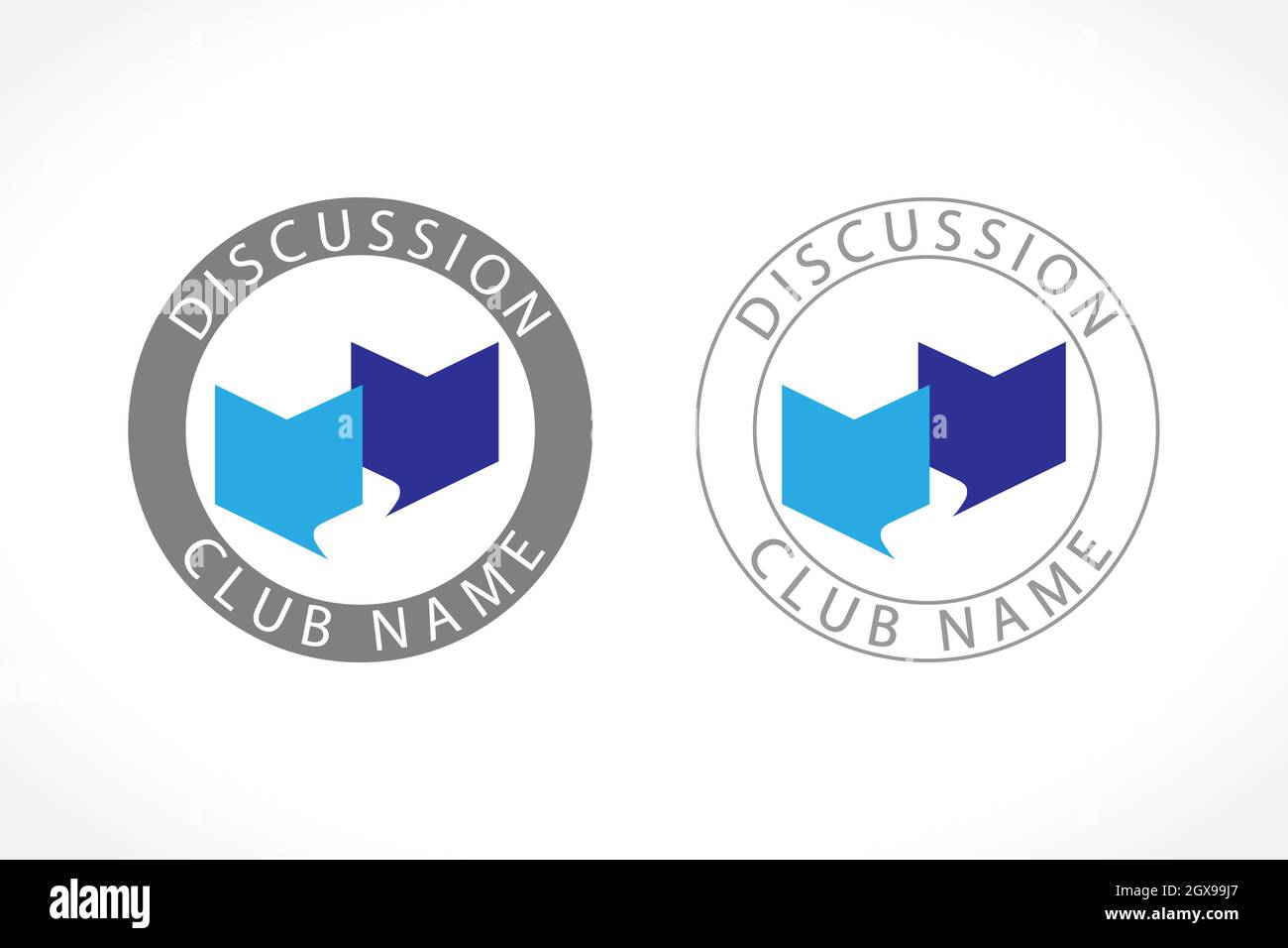 Concetto di logo didattico. Apri il libro sotto forma di icona della nuvola di dialogo. Il segno della classe di discussione, del gruppo, del club, della scuola o della conferenza. Isola astratta Illustrazione Vettoriale