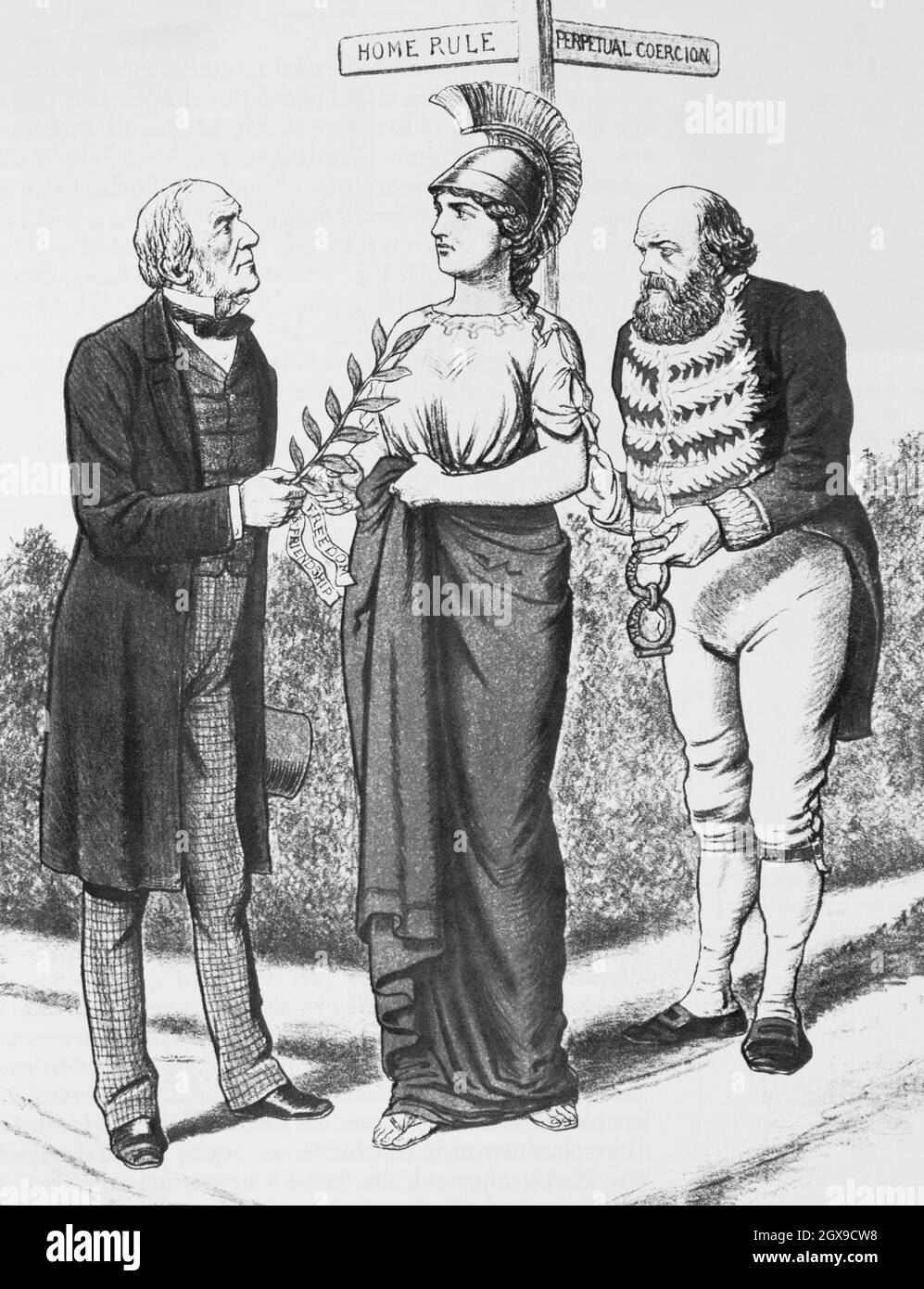 Un cartone animato di Britannia che viene offerto consigli contrastanti sull'Irlanda. A sinistra è il liberale William Gladstone che offre la pace sotto forma di un ramo di ulivo attraverso la dominazione domestica. A destra c'è il conservatore Lord Salisbury, che può offrire poco più che coercizione. Foto Stock