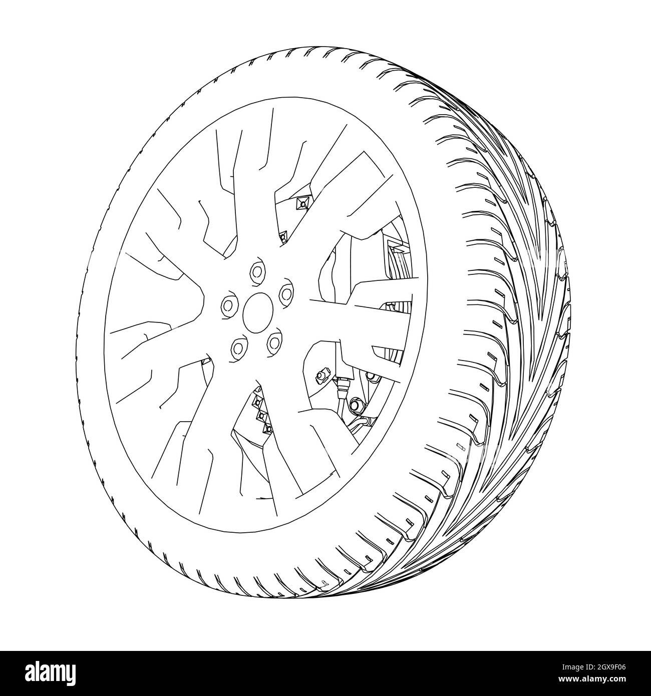 Profilo della ruota dell'auto da linee nere isolate su sfondo bianco. 3D. Illustrazione vettoriale. Illustrazione Vettoriale