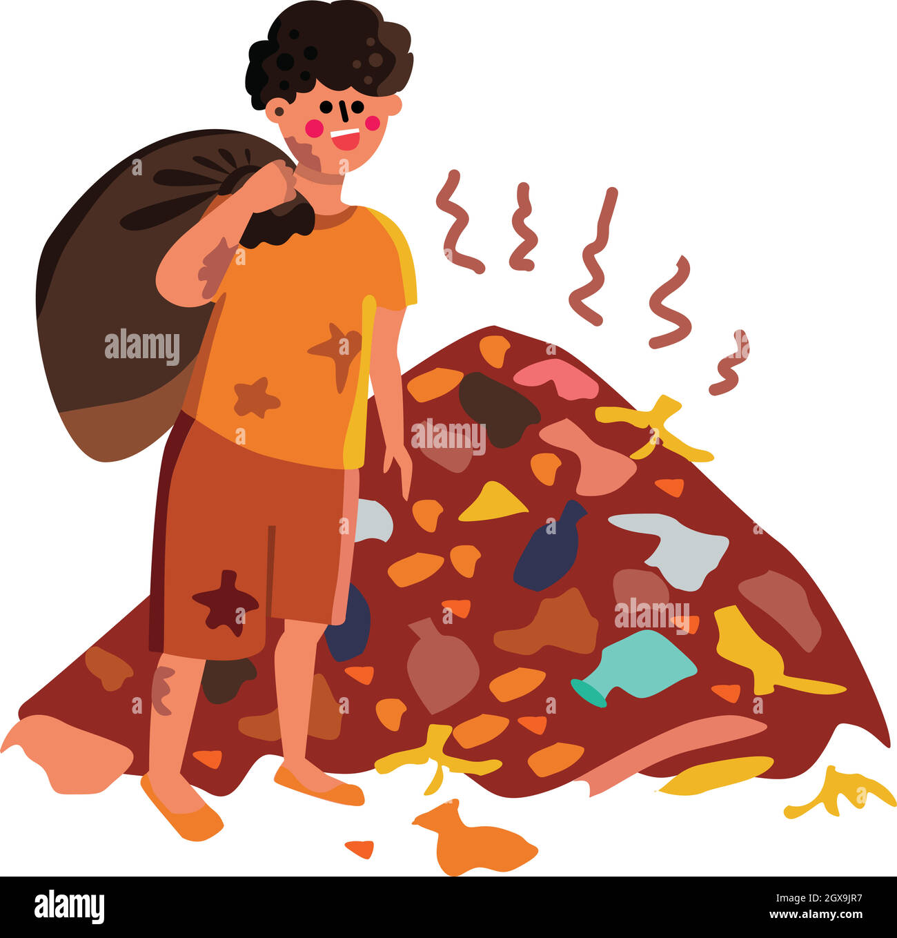 Uomo senza dimora con sacco a piedi su Landfill Vector Illustrazione Vettoriale