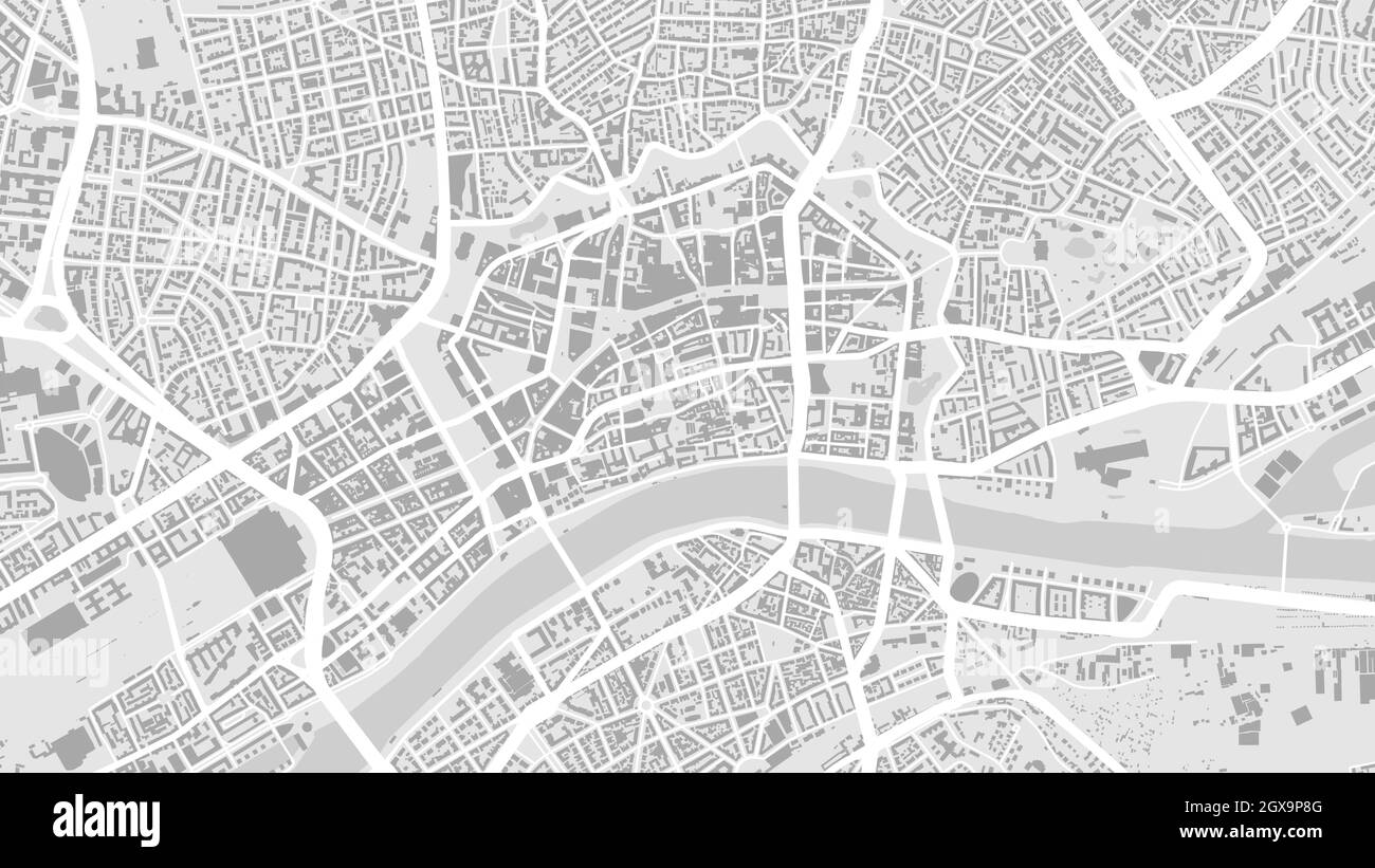 Bianco e grigio chiaro Francoforte sul meno Area vettoriale mappa di sfondo, strade e illustrazione cartografica d'acqua. Proporzioni widescreen, fla digitale Illustrazione Vettoriale