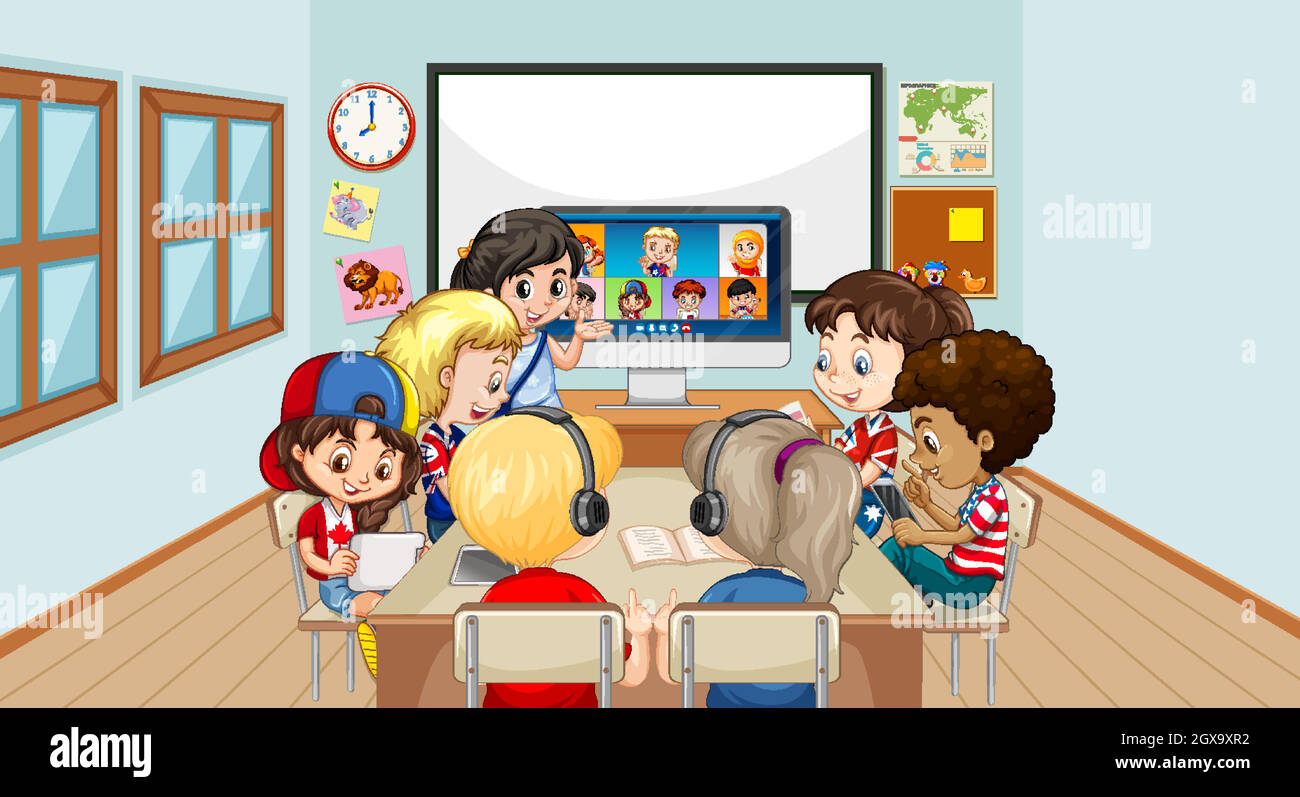 I bambini usano il laptop per comunicare la videoconferenza con l'insegnante e gli amici nella scena della classe Illustrazione Vettoriale