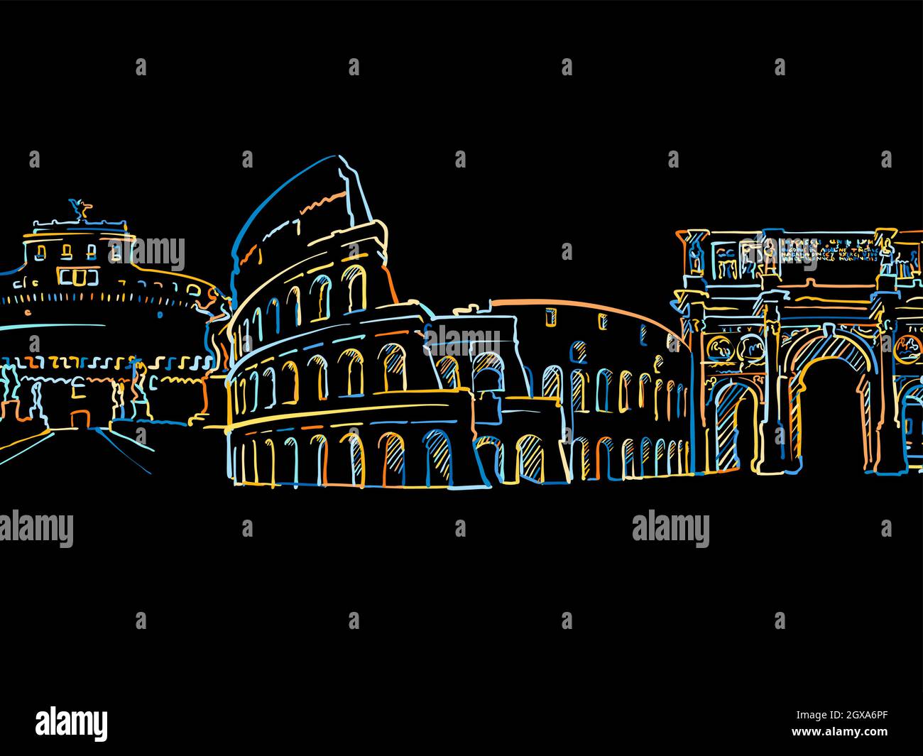 Disegno panoramico a Roma colorato su nero. Schizzo vettoriale ben realizzato per uso privato e commerciale. Illustrazione Vettoriale